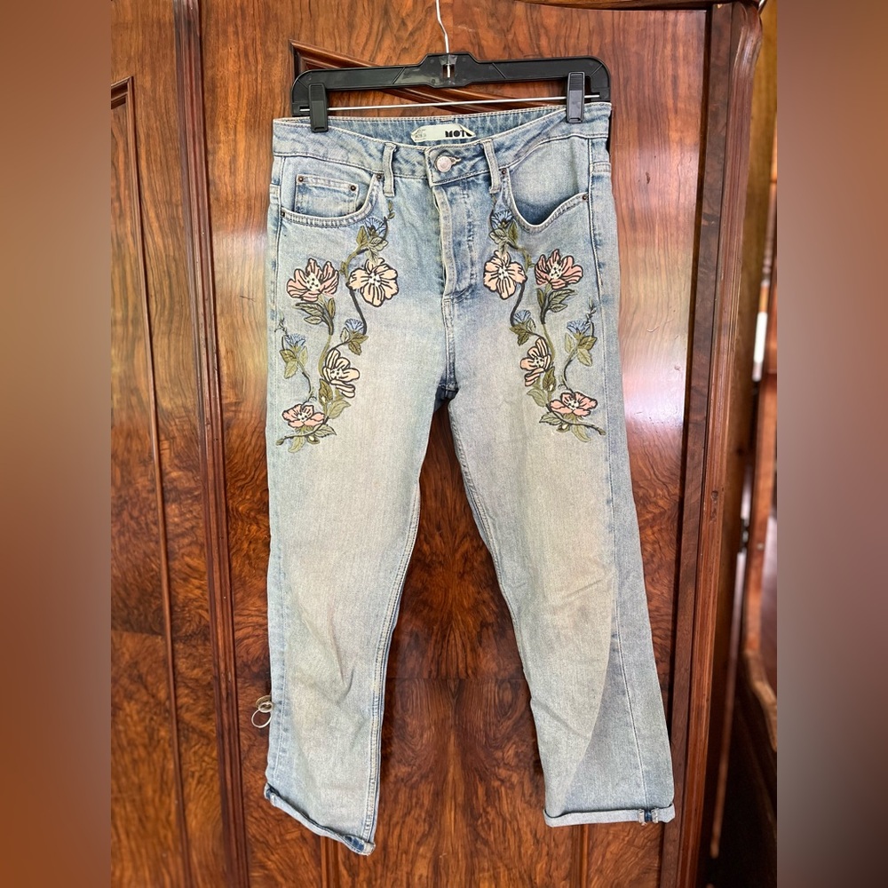 Topshop Moto Embroidered Floral Denim Cropped Jeans Light Wash size 28